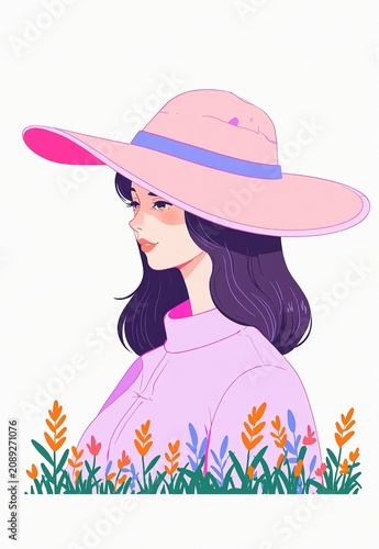 Woman wearing a sun hat in neon pink and violet colors in the field simple flat illustration as clip art on white background
