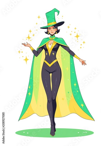 Female magician wearing a sparkling cape in neon yellow and green colors in the field simple flat illustration as clip art on white background