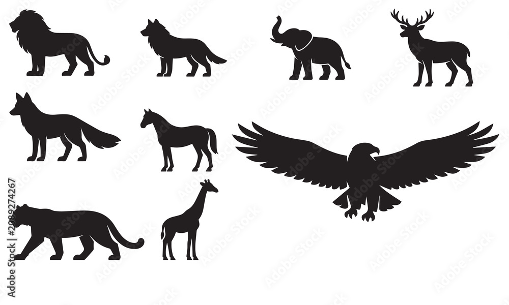 Obraz premium Animal Silhouette Collection – 10 Black Wildlife Vector Icons Set Including Wolf Lion Elephant Deer Fox Tiger Horse Eagle Owl and Giraffe