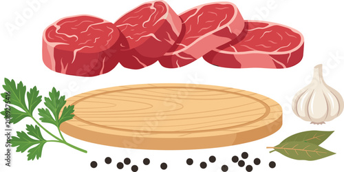 Принти на полотні Isolated raw steak meat cartoon vector illustration elements displaying marbled