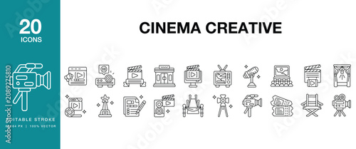 Cinema Creative icon set. Includes cinema, creative, film, movie, filmmaking, director and More. Editable Stroke Icon Collection.