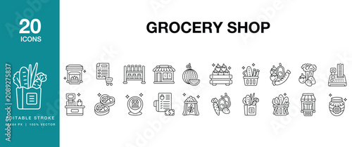 Grocery Shop icon set. Includes grocery, shop, store, market, supermarket, retail and More. Editable Stroke Icon Collection.