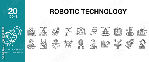 Robotic Technology icon set. Includes robotic, technology, robot, automation, ai, artificial and More. Editable Stroke Icon Collection.