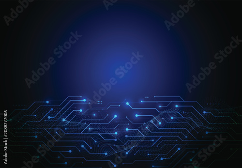 Abstract technology background with glowing blue circuit board lines and digital particle wave