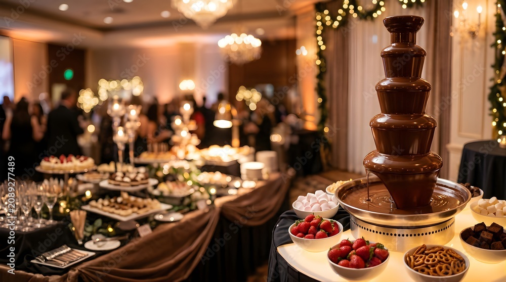 Fototapeta premium Chocolate fountain with strawberries and treats at a gala dinner event