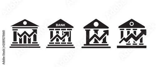 Картината върху платно Black and white bank building icons with rising financial growth arrows in a minimalist vector style