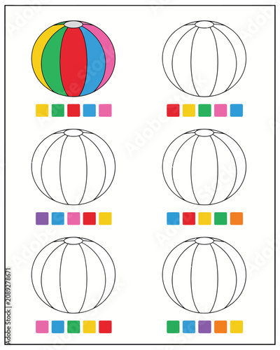 Coloring activity page for children with beach balls and color patterns
