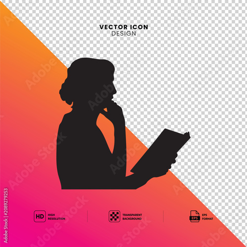 Thoughtful Woman Reading Book Silhouette Vector Illustration – Female Profile Isolated on Transparent Background

