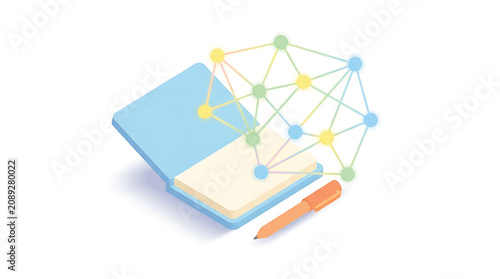 Pen with open notebook and network graph for creative learning