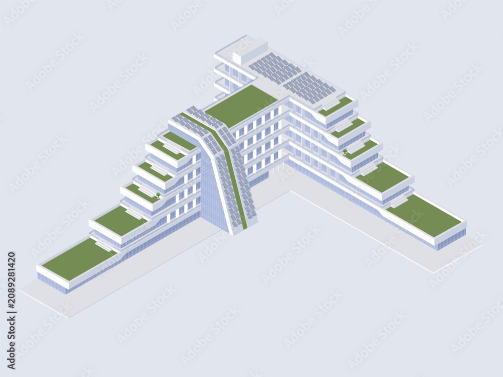 Fototapeta premium Isometric five-story T-shaped eco building, green roof, solar panels