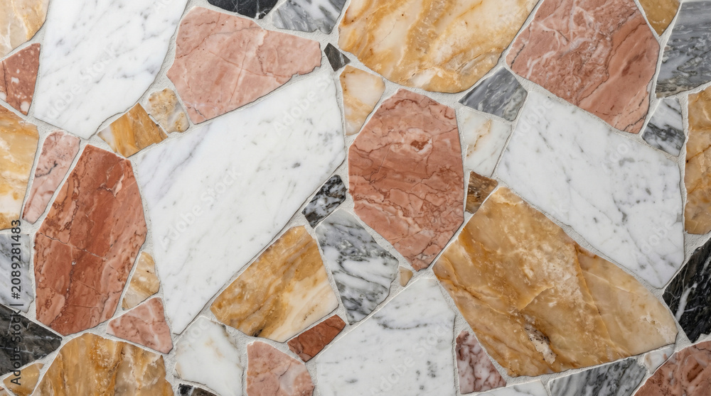 Obraz premium Elegant Palladiana Terrazzo Mosaic Texture Background with Multi Color Breccia Marble Polygons, Rustic Pink Yellow White Stone Composite Tile and Flooring Backdrop for Mediterranean Design 