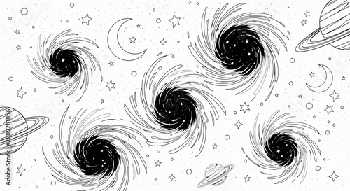 Cosmic universe illustration featuring multiple swirling black holes, celestial planets, moons, and scattered stars – a mysterious space background.