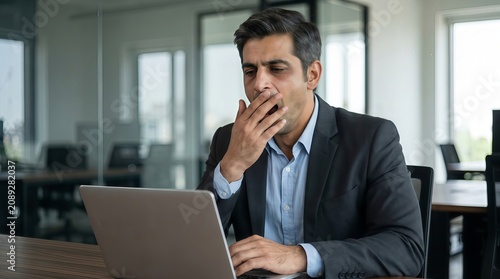 Obraz w ramie A tired businessman yawning while working on a laptop