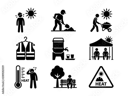 Tableau sur toile Set of black icons representing construction workers and safety precautions duri