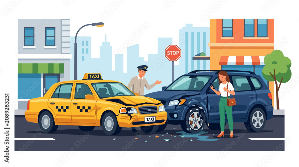 Naklejka premium Car accident scene with damaged taxi and SUV, driver and passenger talking