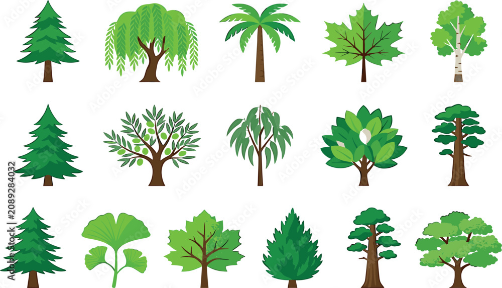Fototapeta premium Vibrant green tree icons set featuring flat design pine, palm, willow, olive, ginkgo, birch, oak, and evergreen forest plants for botanical nature layout graphics.