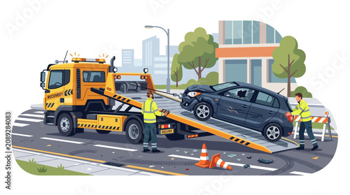 Car accident aftermath: Tow truck loading damaged vehicle, road safety