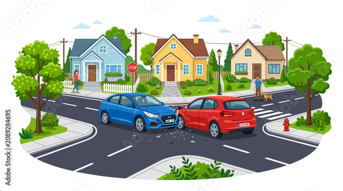 Car accident at intersection: two cars damaged, residential street, suburban neighborhood