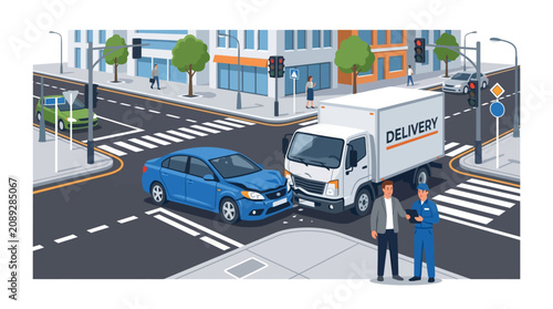 Car accident at intersection, delivery truck and sedan collision, urban street scene