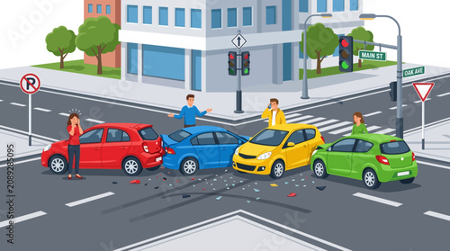 Car accident at intersection, traffic jam, road collision, frustrated drivers