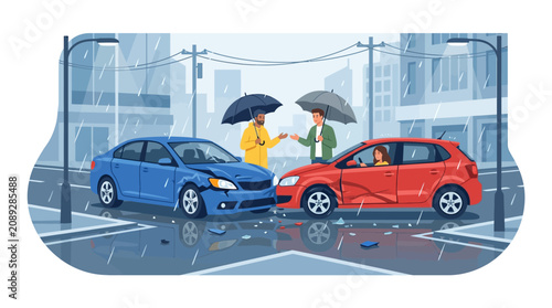 Car Accident During Heavy Rain: Two Damaged Vehicles & People with Umbrellas