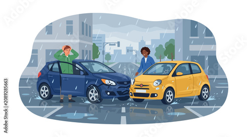 Car accident in rain, two people distressed by collision