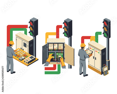 Schilderij op canvas Industrial workers with control panels.