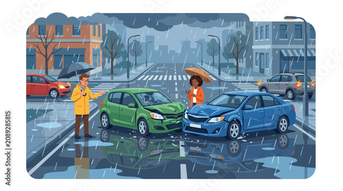 Car accident in rain on city street, drivers discussing damage under umbrellas