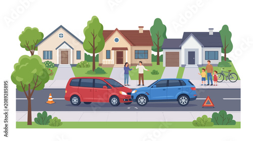 Car Accident in Residential Neighborhood with Concerned Families