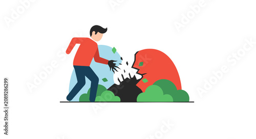 Quadro em tela Man fighting large colorful monster in cartoon style.