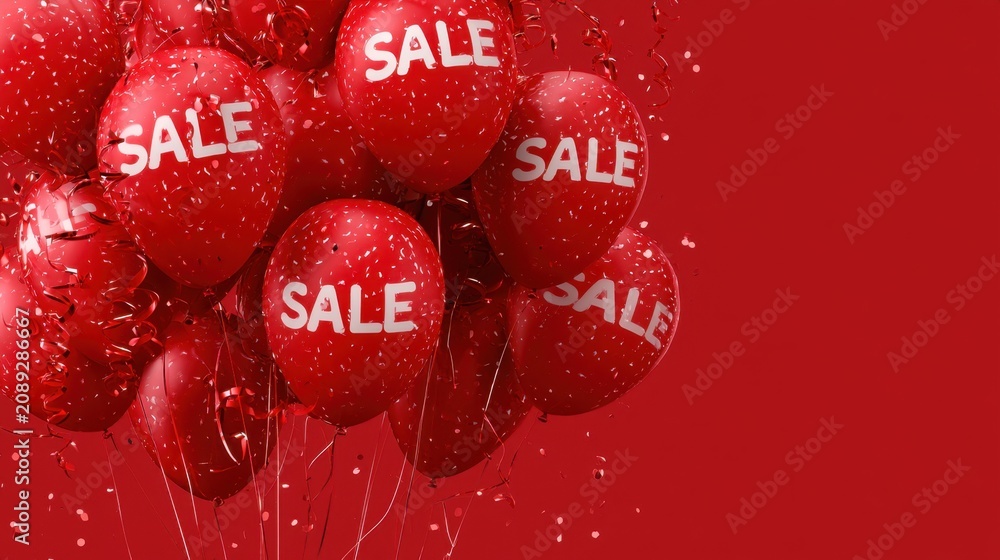 Fototapeta premium Red sale balloons with confetti and ribbons for shopping promotion and discount celebration