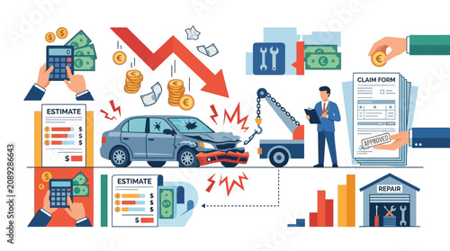 Car accident insurance claim process, financial loss, repair, and recovery concept