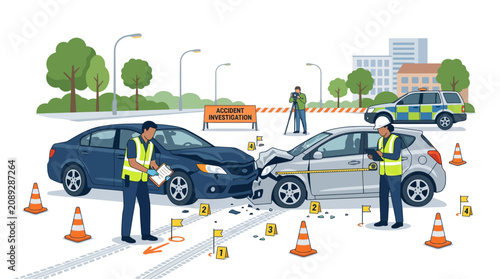 Car Accident Investigation: Police and Forensics Examine Crash Scene