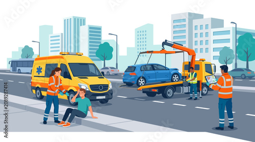 Car accident rescue: tow truck, ambulance, injured driver, city background