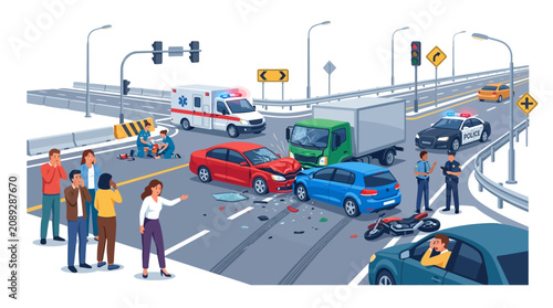 Car Accident Scene: Emergency Responders Aid Injured After Collision