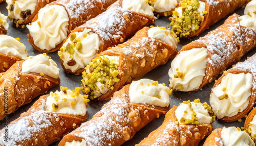 Traditional Sicilian cannoli pastries filled with sweet ricotta cream and topped with pistachios