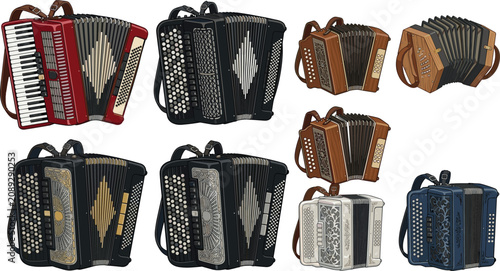 Cuadro en lienzo Accordion vector collection featuring classic button and piano accordions in vin