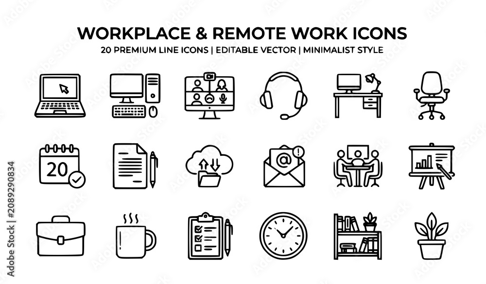 Fototapeta premium Workplace and remote work icons set