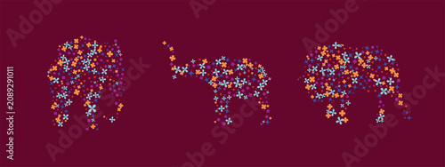 Creative collection of abstract animal silhouettes composed of colorful floral elements. Featuring three elephant designs made from small flowers and botanical shapes, this modern vector illustration 
