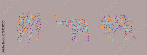 Creative collection of abstract animal silhouettes composed of colorful floral elements. Featuring three elephant designs made from small flowers and botanical shapes, this modern vector illustration 
