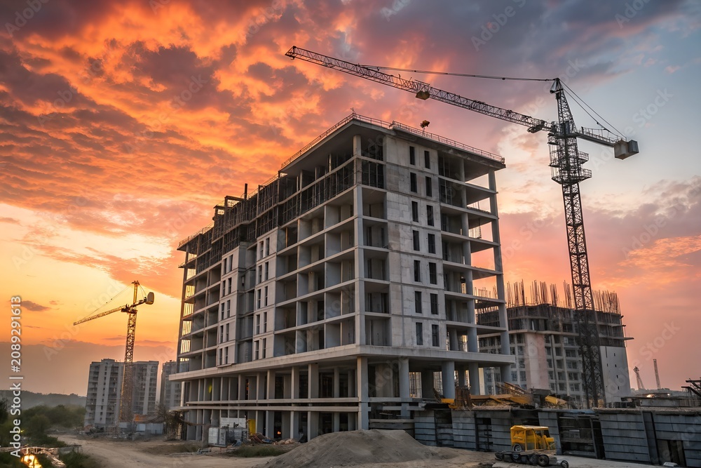 Fototapeta premium Large concrete residential building under construction with tall cranes silhouetted against a dramatic vibrant orange sunset sky during the warm evening light in urban development