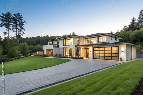 Luxury modern two story residential villa featuring clean architectural lines warm glowing interior lights large glass windows and a wide paved driveway at twilight hour today