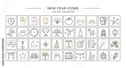 New year icons collection with minimalist line art style for celebration, holiday party and asian traditional countdown elements.