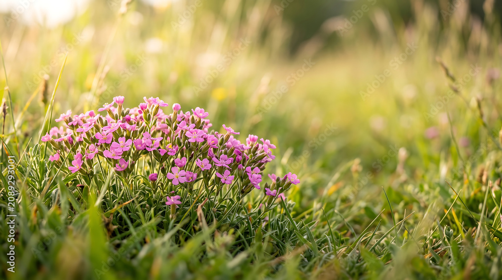 Obraz premium Tiny Pink Wildflowers Blooming in a Meadow