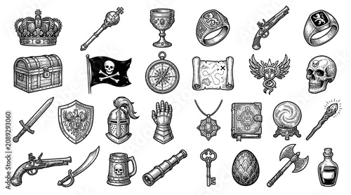 Canvastavla Pirate Treasure Map, Chest, Skull, Sword, Compass, Gun, Crown, Jewels, Old Icons