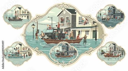 flooded house, people evacuated by boat