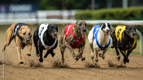 Professional Greyhound Racing Competition with Fast Sprinting Dogs Kicking Up Dust on the Track
