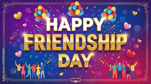 Happy Friendship Day greeting card with 3D gold text, festive colorful balloons and hearts on purple background, diverse friends celebrating