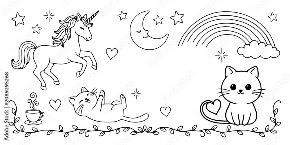 Obraz premium Unicorn and Cats in Whimsical Doodle Illustration with Stars, Moon, Rainbow, and Hearts Featuring Cute, Magical, Fantasy
