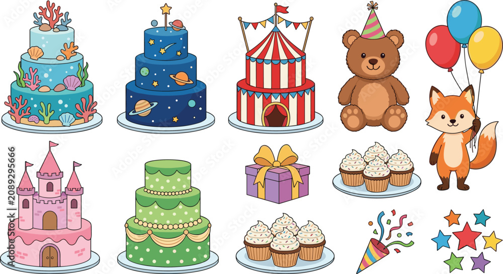 Fototapeta premium Cute birthday party celebration collection featuring cakes, teddy bear, fox, circus tent, balloons, cupcakes, gift box, and festive decorations vector set